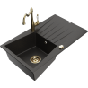 Mexen Cesar granite sink 1-chamber with drainer and kitchen faucet Carla, black/gold metallic - 6514-75-670700-50
