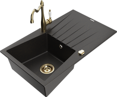 Mexen Cesar granite sink 1-bowl with drainer and Carla kitchen tap, black/gold metallic - 6514-75-670700-50