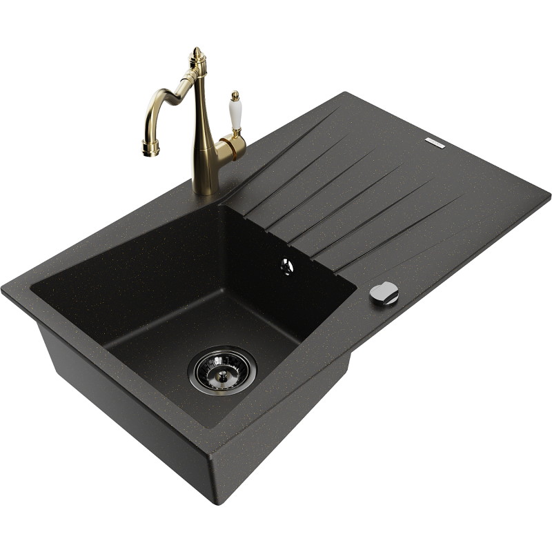 Mexen Cesar 1-bowl granite sink with drainer and Carla kitchen faucet, black/gold metallic - 6514-75-670700-50-B