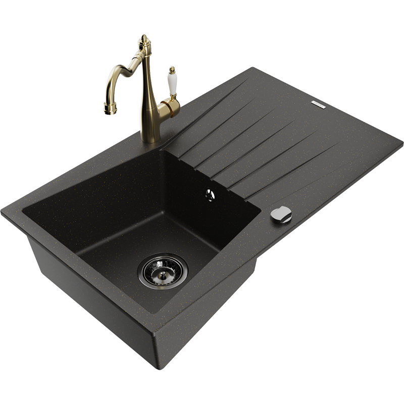 Mexen Cesar single-bowl granite sink with drainer and Carla kitchen tap, black/gold metallic - 6514-75-670700-50-B