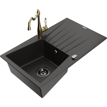 Mexen Cesar 1-bowl granite sink with drainer and Carla kitchen faucet, black/gold metallic - 6514-75-670700-50-B