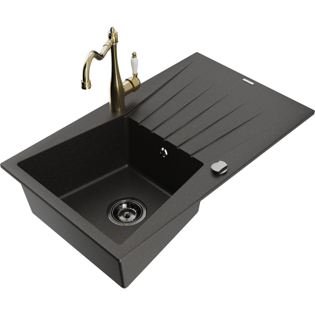 Mexen Cesar single-bowl granite sink with drainer and Carla kitchen tap, black/gold metallic - 6514-75-670700-50-B