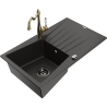 Mexen Cesar single-bowl granite sink with drainer and Carla kitchen tap, black/gold metallic - 6514-75-670700-50-B