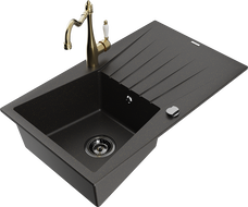 Mexen Cesar single-bowl granite sink with drainer and Carla kitchen tap, black/gold metallic - 6514-75-670700-50-B