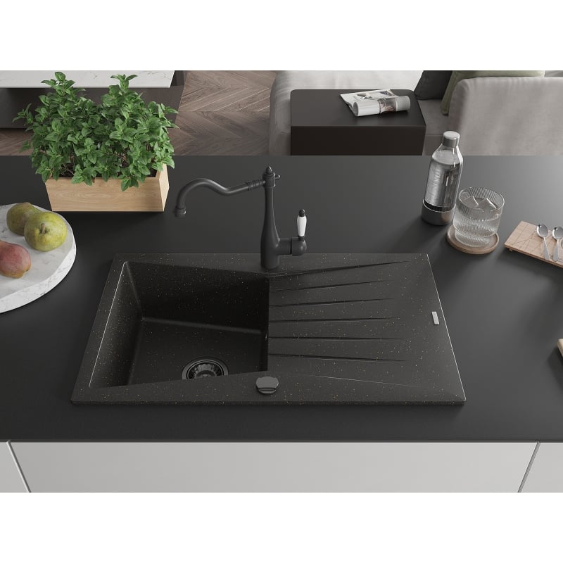 Mexen Cesar single-bowl granite sink with drainer and kitchen faucet Carla, black/gold metallic - 6514-75-670700-70-B