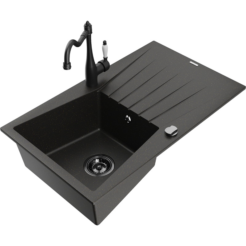 Mexen Cesar 1-bowl granite sink with drainer and Carla kitchen faucet, black/gold metallic - 6514-75-670700-70-B