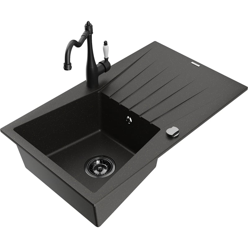 Mexen Cesar single-bowl granite sink with drainer and kitchen faucet Carla, black/gold metallic - 6514-75-670700-70-B
