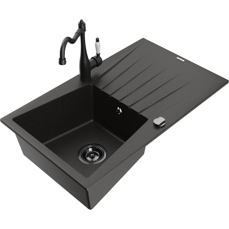 Mexen Cesar 1-bowl granite sink with drainer and Carla kitchen faucet, black/gold metallic - 6514-75-670700-70-B