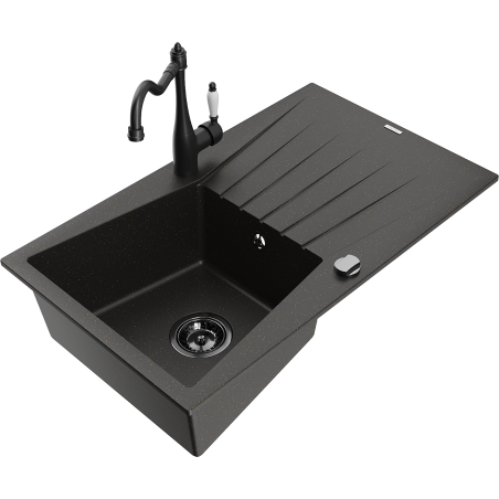 Mexen Cesar single-bowl granite sink with drainer and kitchen faucet Carla, black/gold metallic - 6514-75-670700-70-B