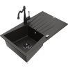 Mexen Cesar 1-bowl granite sink with drainer and Carla kitchen faucet, black/gold metallic - 6514-75-670700-70-B