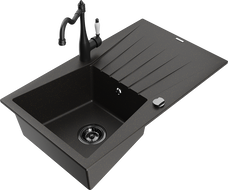 Mexen Cesar 1-compartment granite sink with a drip tray and kitchen mixer tap Carla, Black/Gold metallic - 6514-75-670700-70-B