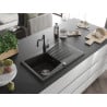 Mexen Cesar granite kitchen sink 1-bowl with drainer and Carla kitchen tap, black/gold metallic - 6514-75-670700-70