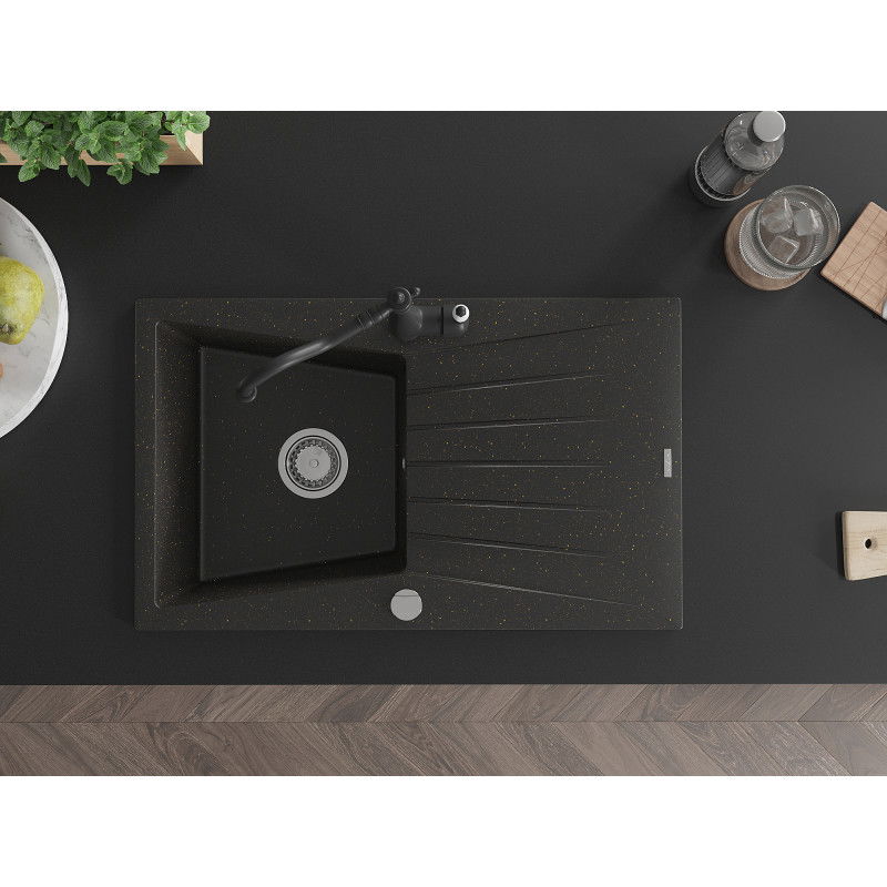 Mexen Cesar granite kitchen sink 1-bowl with drainer and Carla kitchen tap, black/gold metallic - 6514-75-670700-70
