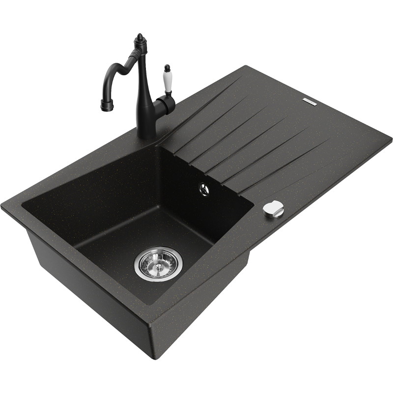 Mexen Cesar 1-bowl granite sink with drainer and Carla kitchen faucet, black/gold metallic - 6514-75-670700-70