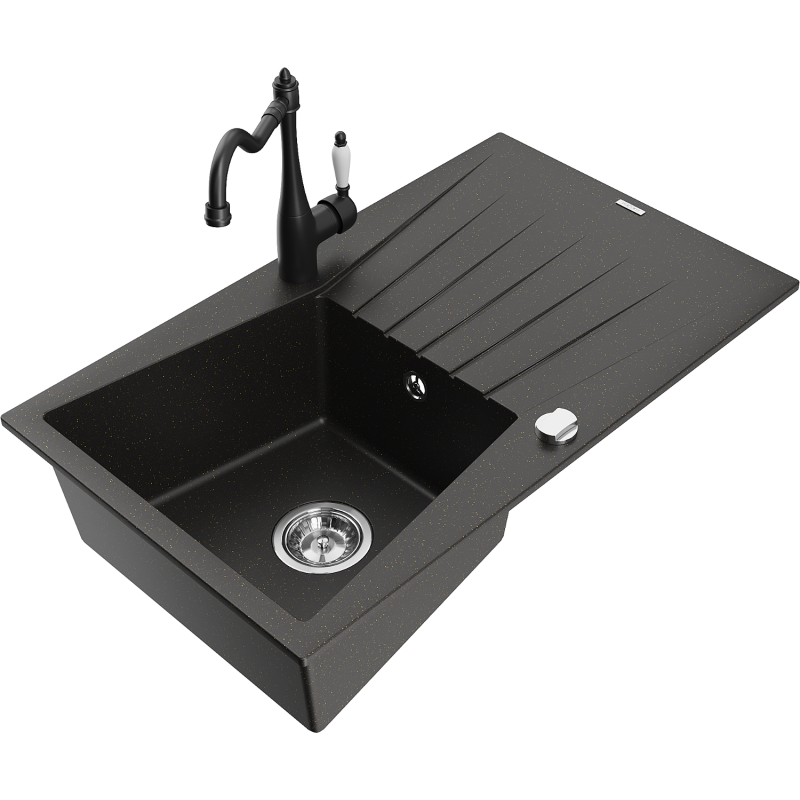 Mexen Cesar 1-compartment granite sink with a drip tray and kitchen mixer tap Carla, Black/Gold metallic - 6514-75-670700-70