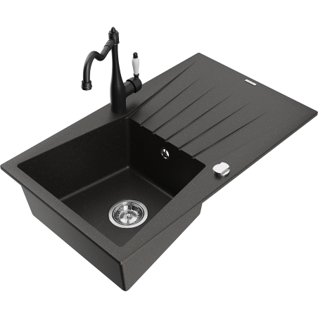 Mexen Cesar granite kitchen sink 1-bowl with drainer and Carla kitchen tap, black/gold metallic - 6514-75-670700-70