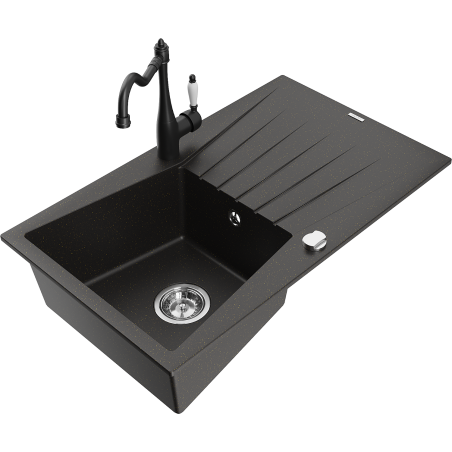 Mexen Cesar granite single-bowl sink with drainer and Carla kitchen faucet, black/gold metallic - 6514-75-670700-70