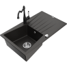 Mexen Cesar 1-bowl granite sink with drainer and Carla kitchen faucet, black/gold metallic - 6514-75-670700-70