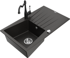 Mexen Cesar granite single-bowl sink with drainer and Carla kitchen faucet, black/gold metallic - 6514-75-670700-70
