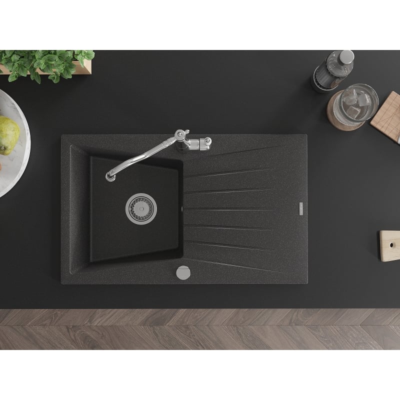 Mexen Cesar granite kitchen sink 1-bowl with drainer and kitchen faucet Carla, speckled black - 6514-76-670700-00