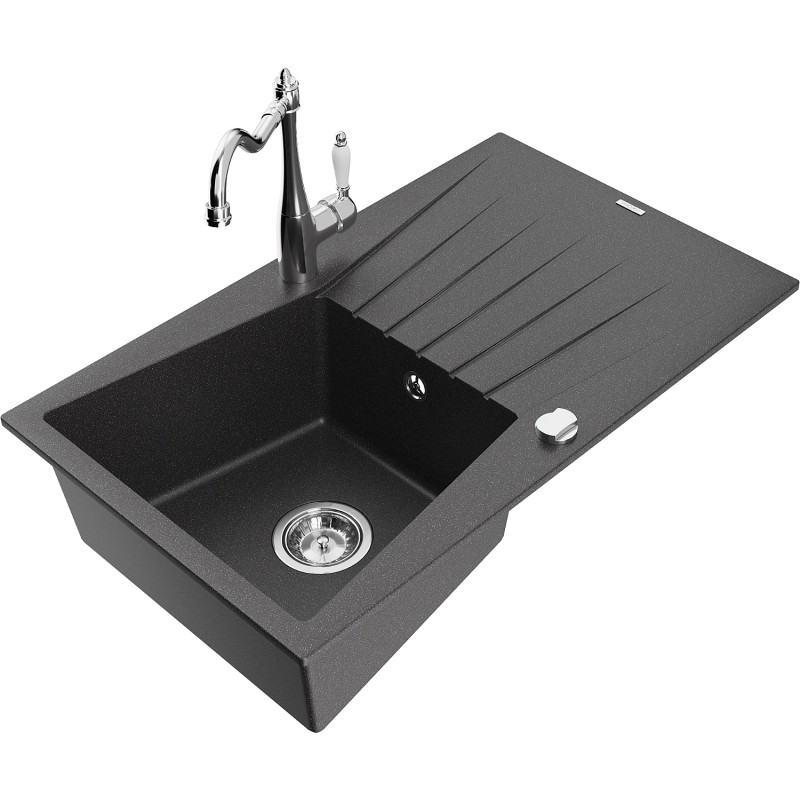Mexen Cesar granite kitchen sink 1-bowl with drainer and faucet Carla, black speckled - 6514-76-670700-00