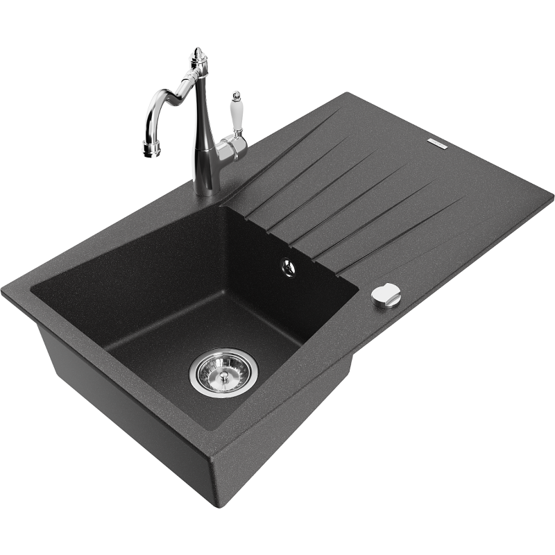 Mexen Cesar granite kitchen sink 1-bowl with drainer and kitchen tap Carla, black speckled - 6514-76-670700-00
