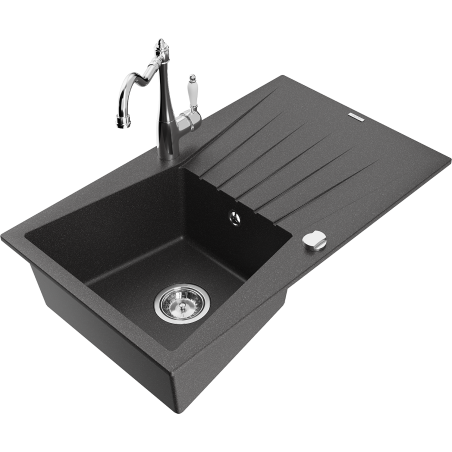 Mexen Cesar granite kitchen sink 1-bowl with drainer and faucet Carla, black speckled - 6514-76-670700-00