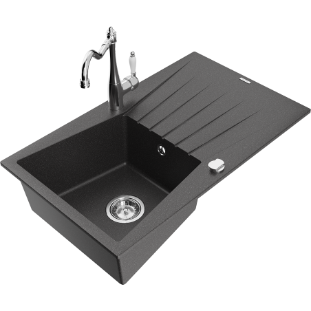 Mexen Cesar granite kitchen sink 1-bowl with drainer and kitchen tap Carla, black speckled - 6514-76-670700-00
