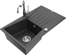 Mexen Cesar granite kitchen sink 1-bowl with drainer and kitchen faucet Carla, speckled black - 6514-76-670700-00