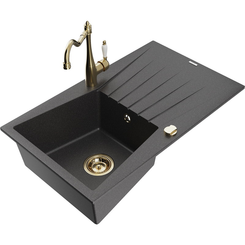 Mexen Cesar 1-bowl granite sink with drainer and kitchen faucet Carla, black speckled - 6514-76-670700-50