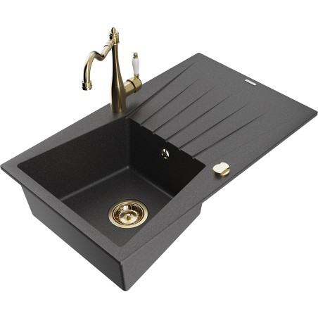 Mexen Cesar 1-bowl granite sink with drainer and kitchen faucet Carla, black speckled - 6514-76-670700-50