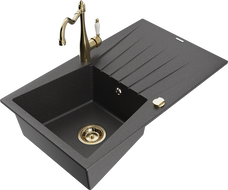 Mexen Cesar granite sink 1-bowl with drainer and Carla kitchen tap, black speckled - 6514-76-670700-50