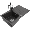 Mexen Cesar granite kitchen sink 1-bowl with drainer and kitchen faucet Carla, black speckled - 6514-76-670700-70