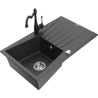Mexen Cesar granite sink 1-bowl with drainer and Carla kitchen tap, black speckled - 6514-76-670700-70