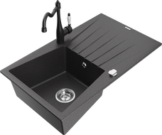 Mexen Cesar granite sink 1-bowl with drainer and Carla kitchen tap, black speckled - 6514-76-670700-70