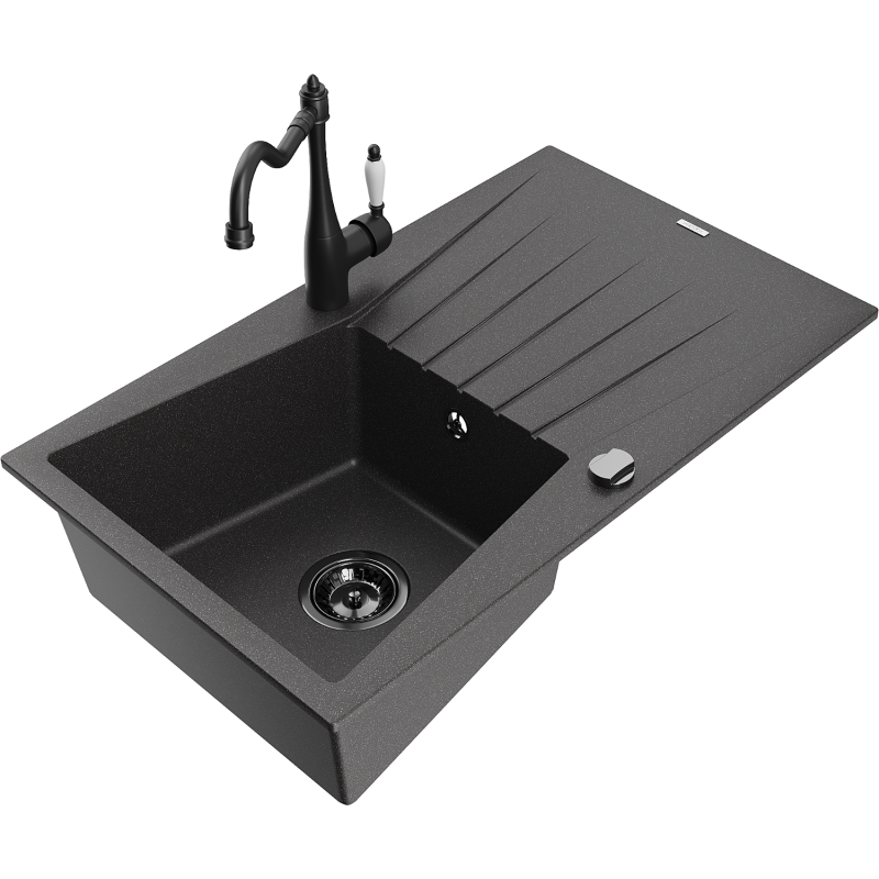 Mexen Cesar 1-compartment granite sink with a drip tray and kitchen mixer tap Carla, spotted black - 6514-76-670700-70-B