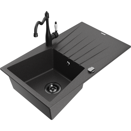 Mexen Cesar granite kitchen sink 1-bowl with drainer and faucet Carla, speckled black - 6514-76-670700-70-B