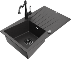Mexen Cesar granite sink, 1-bowl with drainer and Carla kitchen tap, black speckled - 6514-76-670700-70-B
