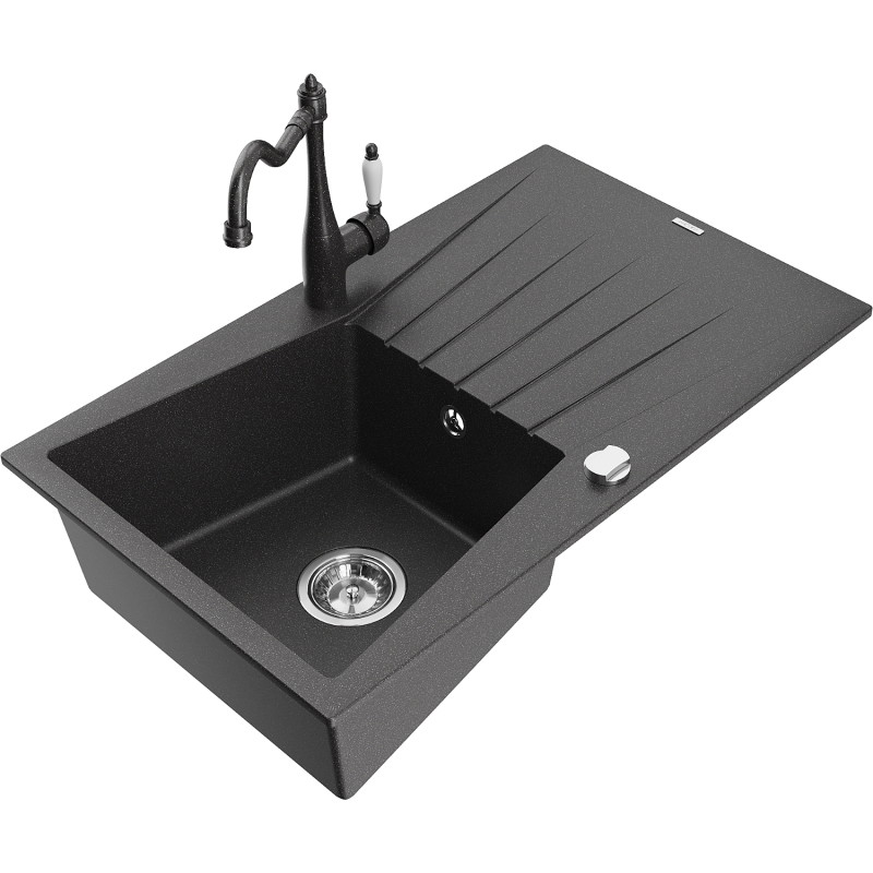 Mexen Cesar granite sink 1-bowl with drainer and kitchen faucet Carla, black speckled - 6514-76-670700-76