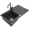 Mexen Cesar granite kitchen sink single-bowl with drainer and Carla faucet, speckled black - 6514-76-670700-76