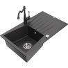 Mexen Cesar granite sink 1-bowl with drainer and Carla kitchen tap, black speckled - 6514-76-670700-76