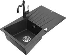 Mexen Cesar granite kitchen sink single-bowl with drainer and Carla faucet, speckled black - 6514-76-670700-76