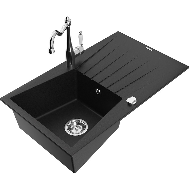 Mexen Cesar granite kitchen sink single-bowl with drainer and Carla kitchen faucet, black - 6514-77-670700-00