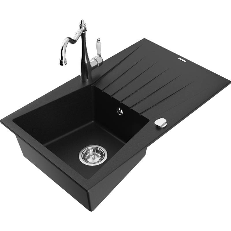Mexen Cesar granite sink 1-bowl with drainer and Carla kitchen tap, black - 6514-77-670700-00