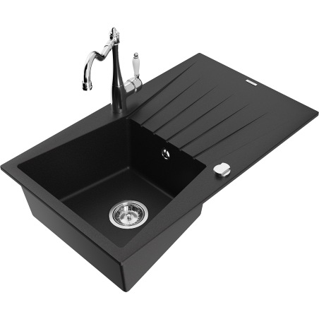 Mexen Cesar granite kitchen sink single-bowl with drainer and Carla kitchen faucet, black - 6514-77-670700-00