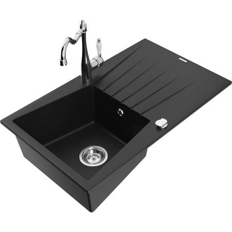 Mexen Cesar granite sink 1-bowl with drainer and Carla kitchen tap, black - 6514-77-670700-00