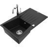 Mexen Cesar granite kitchen sink single-bowl with drainer and Carla kitchen faucet, black - 6514-77-670700-00
