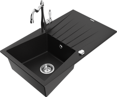 Mexen Cesar granite kitchen sink single-bowl with drainer and Carla kitchen faucet, black - 6514-77-670700-00