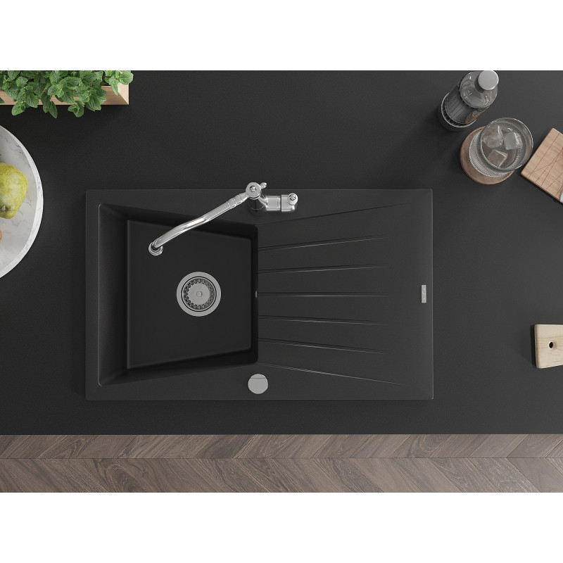 Mexen Cesar granite kitchen sink single-bowl with drainer and Carla kitchen faucet, black - 6514-77-670700-00