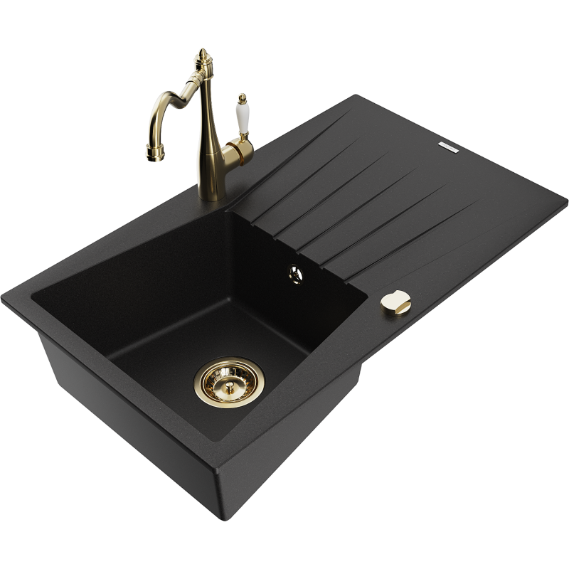 Mexen Cesar 1-compartment granite sink with a drip tray and kitchen mixer tap Carla, Black - 6514-77-670700-50